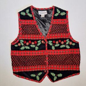 Ugly Christmas Vest Women's Sz large Dressbarn Satin Tie Back Poinsettias Plaid
